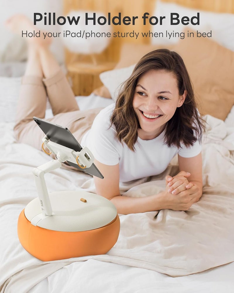 SAIJI Tablet Holder Pillow, Kindle Holder Compatible with 4.7-15.6” Kindle, Phone, Portable Monitor, 360° Adjustable Tablet Stand for Bed with Flexible Dual Axis Arm&Microbead Cushion (Orange) - Image 2